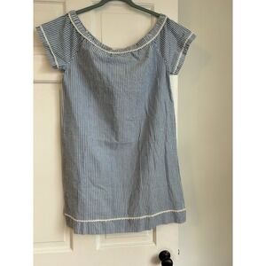Pomegranate Inc Womens Blue White Seersucker Off Shoulder Pom Pom Dress S NEW